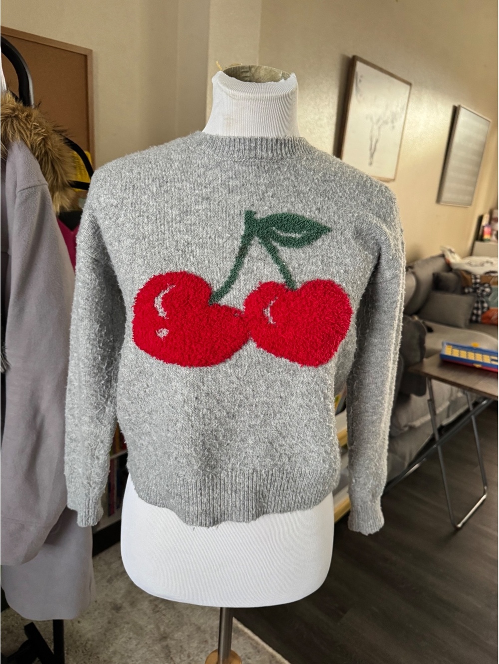 Bixby Nomad cherry sweater L 12-14 gray fuzzy knit coquette